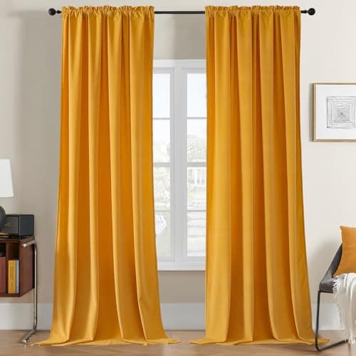 Joydeco Yellow Velvet Curtains 96 inch Length 2 Panels, Luxury Blackout Rod Pocket Thermal Insulated Window Curtains, Super Soft Room Darkening Drapes for Living Dining Room Bedroom,W52 x L96 inches