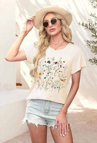 LETSEE Graphic Tees for Women Short Sleeve Loose Fit Casual T Shirts Cute Boho Vintage Dressy Trendy Summer Tops, Apricot, XL - Thumbnail 3
