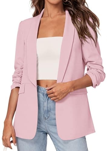 PRETTYGARDEN Women's 2026 Spring Blazers Business Casual Outfits Open Front Ruched 3/4 Sleeve Lightweight Work Suits Jackets (Pink,X-Small) - Image 1