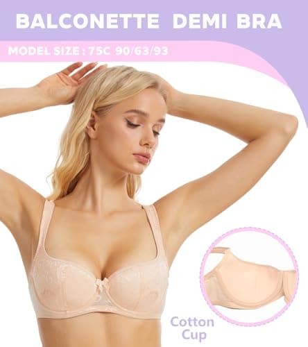 Oscrenia Balconette Bra for Women Demi Balcony Bras Underwire Push Up Half Cup(Beige Plain,36D) - Thumbnail 3