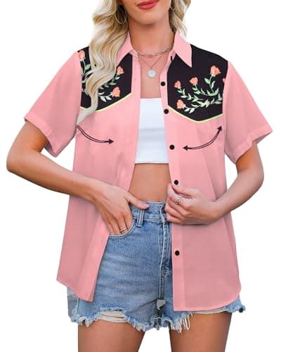 Western Shirts for Women Retro Cowgirl Shirt Rodeo Button Down Tshirt Casual Collared Cowboy Blouses Tops Brown-Pink - Image 1