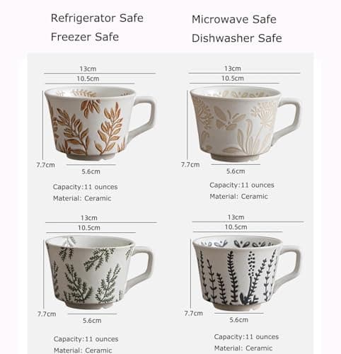 Tvvtuww Ceramic Mug Set of 4, 11oz - Vintage Mug Cups for Coffee Milk Latte Cappuccino Tea, Porcelain Coffee Cups Set Gifts for Women Man, Farmhouse Handmade Stoneware Cups Dishwasher Microwave Safe - Thumbnail 4