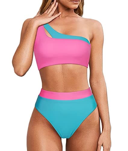 MOOSLOVER Women Cutout One Shoulder High Waisted Bikini High Cut Two Piece Swimsuits(S,Pink Blue-13) - Image 1