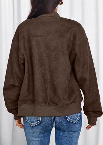 Lazysmile Women's Faux Suede Bomber Jackets Fall Fashion Outfits Winter Clothes Stand Collar Zip Up Coats Outwear - Thumbnail 2