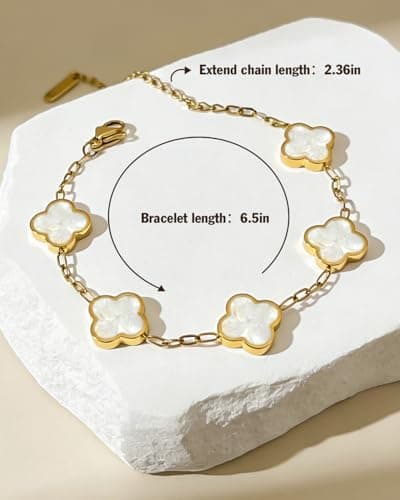 Aimétte Monette 18K Gold Bracelets for Women Non Tarnish, Four Leaf Clover Bracelet Double-sided, Gold Plated Bracelets, Charm Bracelets for Women Trendy, White Jewlery Gifts - Thumbnail 4