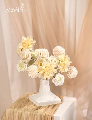 Champagne Flowers Artificial Roses Combo Set Faux Champagne Silk Flowers Fake Roses Mix Chrysanthemum Dahlia with Stems for Wedding Bouquets Table Centerpiece Baby Bridal Shower Birthday Party Decor - Thumbnail 3