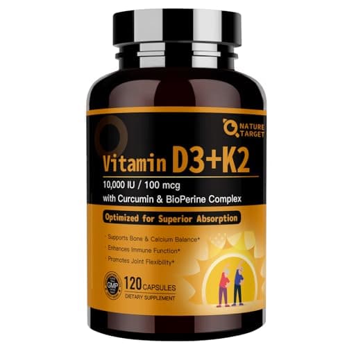 NATURE TARGET Vitamin D3 K2, High-Potency 10,000 IU D3, 100 mcg K2(MK-7) Supplement with MCT, Most Absorbable Synergy Formula, Supports Bone, Calcium & Immune Health, 120 Capsules - Image 1