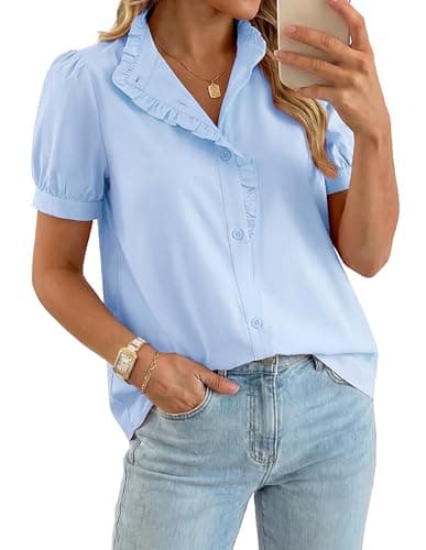 GRACE KARIN Women's 2026 Summer Short Sleeve Tops, Dressy Casual V Neck Blouses, Trendy Button Down Shirts Work Office Blue M - Image 1