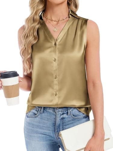 Funlingo Womens V Neck Tank Tops Spring Trendy Business Casual Tops Pleated Satin Silk Sleeveless Collared Shirts for Work Khaki L - Image 1