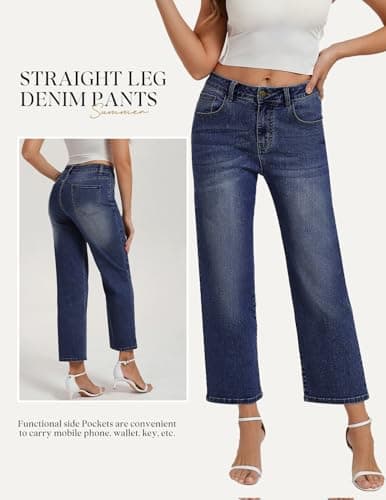 Belle Poque Women Dark Blue Wide Leg Jeans Stretchy Mid Rise Straight Leg Jeans with Pockets (Dark Blue, 10) - Thumbnail 4