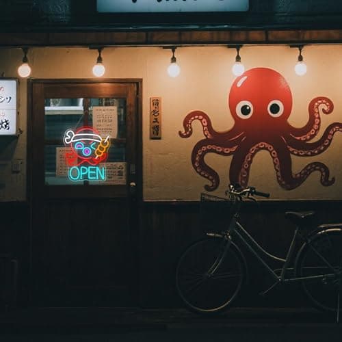 Open Neon Sign for Wall Decor Takoyaki Octopus Ball Neon Light USB Powered LED Dimmable for Japanese Street Food Shop Anime Sushi Bar Cafe Kitchen Bar Gift Japanese Culture Lover - Thumbnail 2