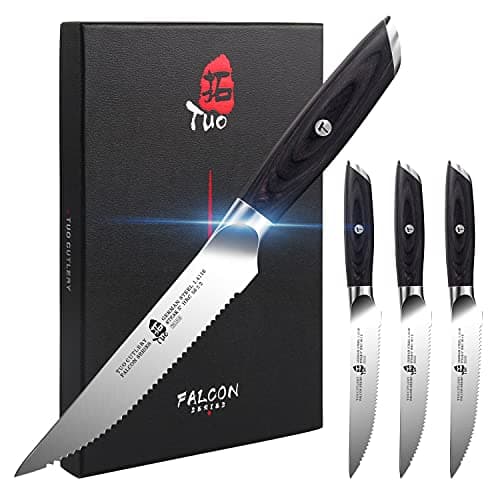 TUO Steak Knives - 4 Piece Steak Knife Set, Serrated Edge Steak Knives 5 inch Kitchen Knife - German High Carbon Stainless - Full Tang Pakkawood Handle - Falcon Series with Gift Box - Image 1