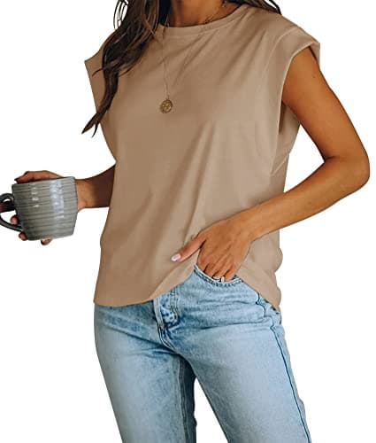 Women's Cap Sleeve Tank Top Crew Neck T Shirts Loose Fit Basic Summer Casual Tee Tops Khaki - Image 1