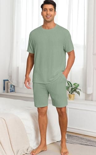 PrinStory Mens Pajamas Set Short Sleeve Crew Neck Pajama for Men 2 Piece Pjs Sets Lounge Set with Pockets Gray Green-2XL - Thumbnail 3