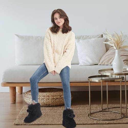 Forfoot Womens Slippers, Warm Plush Black Home Slippers Boots Anti Skid Durable Sole Slip on Indoor and Outdoor House Shoes Size 9-10 - Thumbnail 2