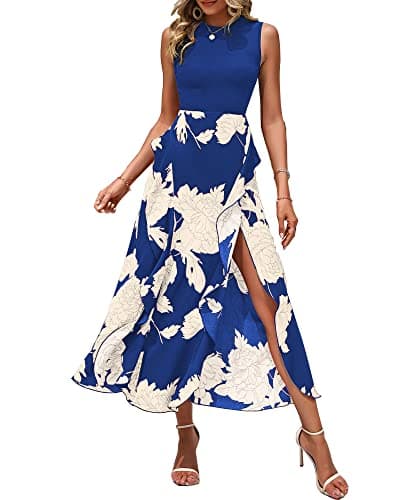 BTFBM Women Casual Sleeveless Summer Dresses 2025 Spring Crewneck Patchwork Boho Floral Ruffle Cocktail Party Midi Dress(White Floral Bright Blue, Medium) - Image 1