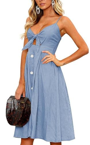 ECOWISH Women 2024 Summer Dresses Tie Front V-Neck Spaghetti Strap Button Down A-Line Backless Swing Midi Dress 809 Blue XL - Thumbnail 2