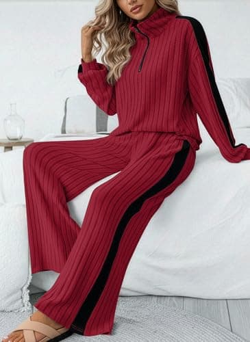 JUSTFASHIONNOW Womens 2 Piece Sweatsuits Set Long Sleeve Ribbed Knit Comfy Lounge Sets Half Zip Pullover Sweatshirt Wide Leg Sweatpants Fall Outfits Christmas Tracksuit (Red, XX-Large) - Thumbnail 5