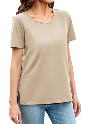 Herou T Shirt for Women Basic Short Sleeve Modal High Low Hem Tees Round Neck Loose Fit (Light Coffee, Medium) - Image 1