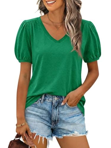 Cicy Bell Womens Puff Short Sleeve T-Shirts V Neck Summer Casual Pleated Tops Loose Fit Curved Hem Tees Green - Image 1