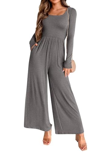 KIRUNDO Long Sleeve Jumpsuit for Women 2026 Spring Outfits Summer One Piece Square Neck Wide Leg Pants Romper With Pockets(Dark Grey, Large) - Image 1