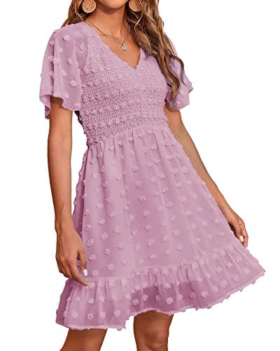 BTFBM Womens Beach Vacation Dress Summer 2026 V Neck Short Sleeve Smocked Swiss Dot Ruffle Casual Spring Mini Dresses(Dusty Pink, XX-Large) - Image 1