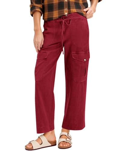 Cicy Bell Womens Cotton Cargo Pants Low Rise Drawstring Waist Wide Leg Casual Hiking Pants with Multiple Pockets Burgundy - Image 1