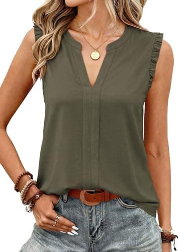 PRETTYGARDEN Sleeveless Tops for Women 2026 Summer Dressy V Neck Ruffle Blouses Spring Work Office Shirts Going Out Tops (Army Green,X-Large) - Image 1