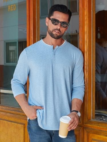 Hardaddy Men's Long Sleeve Henley Shirts Casual Color Block Henley Button T-Shirt Tops Light Blue XXL - Thumbnail 2