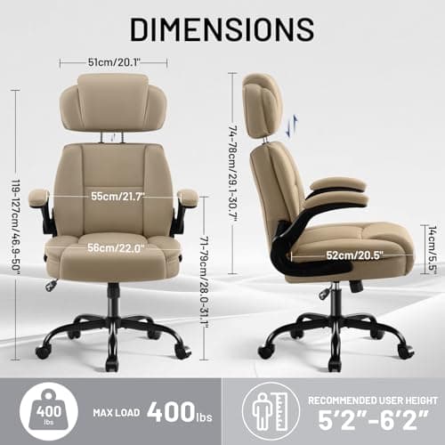 AreShark Ergonomic Office Chair with Lumbar Support, 400lbs Heavy Duty Big and Tall Executive Desk Chair, PU Leather High Back Computer Chair with Flip-Up Arms & Adjustable Headrest, Khaki - Thumbnail 2