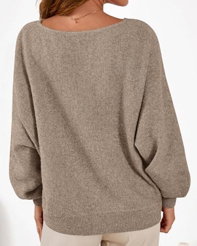 KIRUNDO Oversized Sweaters for Women Cozy Fall Fashion Boat Neck Batwing Sleeve Knit Pullover Sweater Tops Winter Clothes(Caramel, Medium) - Thumbnail 2