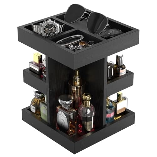 VLXXOI Cologne Organizer for Men Rotating Bathroom Counter Organizer, 3-Tier Solid Wood Storage Caddy, 360-Degree Rotating Stand, Burlywood (Black) - Image 1