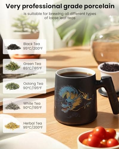 Foinly Ceramic Tea Cup with Infuser and Lid, 13.5 oz Tea Mug for Loose Leaf Tea,Wood Handle,Chinese Dragon Design,All Porcelain Strainer,BPA-Free, Perfect for Tea Lovers/Birthday/Mother's Day (Black） - Thumbnail 3