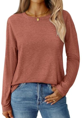 GKBK Long Sleeve Shirts for Women Crew Neck Basic Tops Casual Loose Fitted Fall Clothes 2025 Caramel M - Image 1