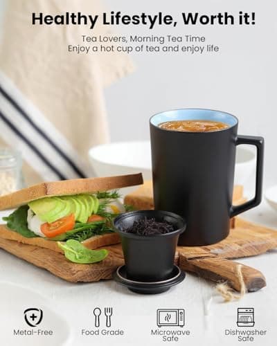 Foinly 15 oz Ceramic Tea Infuser Cup with Lid - Tea Mug with All Porcelain Strainer for Loose Leaf Teas,Microwave and Dishwasher Safe,Metal-Free,BPA-Free for Tea Lovers/Easter Day (Black) - Thumbnail 4