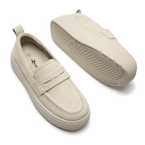 Rihero Slip On Womens Loafers Comfortable Casual Loafer Shoes Trendy Round Toe Platform Shoes for Work Walking Beige Size 9 - Thumbnail 6