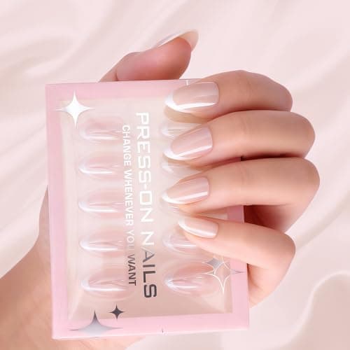 French Tip Press On Nails Acrylic - Short Almond Fake Nails Press ons, Reusable Glossy 30 Nail Kit with Glue, Adhesive Tabs, File, Manicure Stick, Prep Pad for Salon Quality or Fall Style