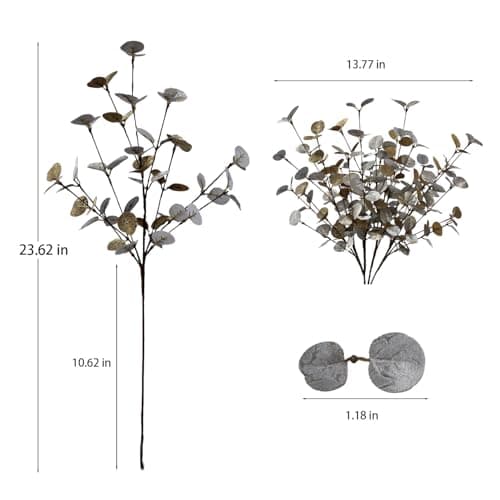 siqifloral 4PCS 24" Silver Gold Artificial Eucalyptus Stems – Metallic Faux Eucalyptus Leaves for Christmas Table Centerpiece, Holiday Vase Decoration & Home Decor - Thumbnail 2