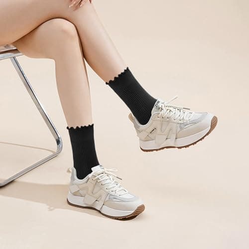 MORECOO Ruffle Socks Woman, Ruffle Turn-Cuff Breathable Cool Knit Cotton Lettuce Frilly Crew Mid-Calf Socks 6 Pack - Thumbnail 6