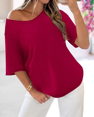 BTFBM Sweaters for Women 2026 Summer Oversized Half Short Sleeve Knitted Pullover V Neck‌ Casual Loose Fit Spring Tops(Red, Large) - Thumbnail 6