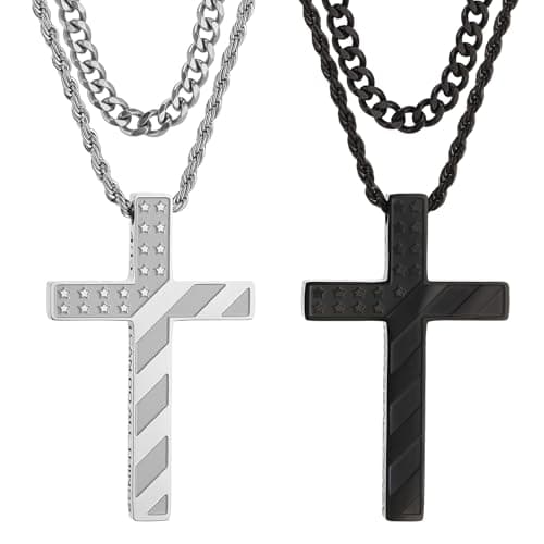 4 PCS American Flag Cross Necklace for Men, Stainless Steel Layered Pendant Chains with Bible Verse, Ideal for Communion, Confirmation, Father’s Day, Independence Day, Patriotic Christian Gift for Men - Image 1