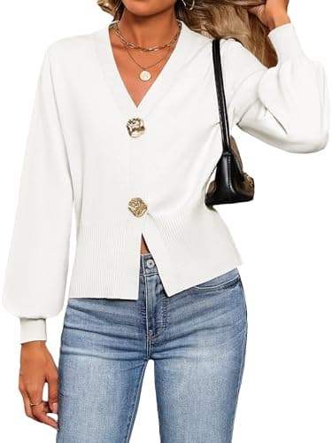 Bellcoco Sweaters for Women V Neck Lightweight Cropped Sweater Ribbed Knit Pullover Casual Trendy Tops Spring Summer Outfits Fashion Clothes 2026, White Beige, XL - Image 1