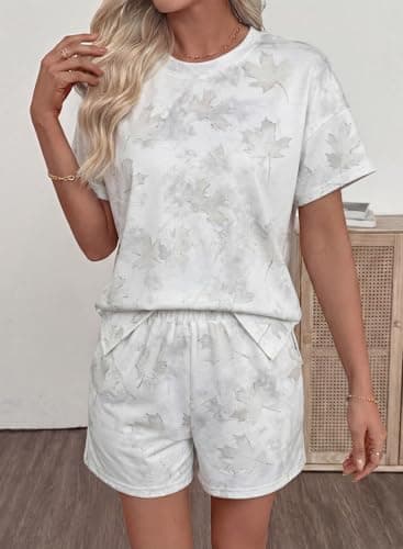 EVALESS 2 Piece Sets for Women 2026 Summer Lounge Sets Casual Short Sleeve Printed T Shirts Elastic High Waist Shorts Matching Sets Women Clothing Airport Outfits White X-Large - Thumbnail 2
