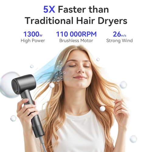Hair Dryer, 110,000 RPM High-Speed Ionic Blow Dryer with Brushless Motor, Fast Drying, Low Noise Lightweight Design, Hair Dryer with Diffuser & Nozzle, Professional for Women & Men, Home or Travel - Thumbnail 3