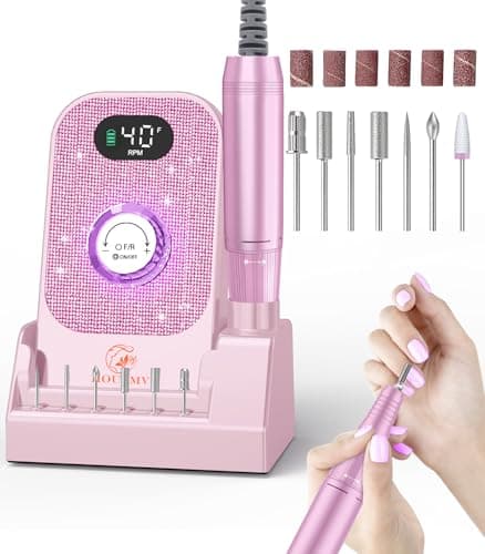 Portable Nail Drill Electric File: Professional Nail E File Machine 40000RPM Rechargeable Cordless Pink Diamond Nail Drill with Bits & Base for for Acrylic Nails Remove Gel Polish Manicure, Salon Home - Image 1