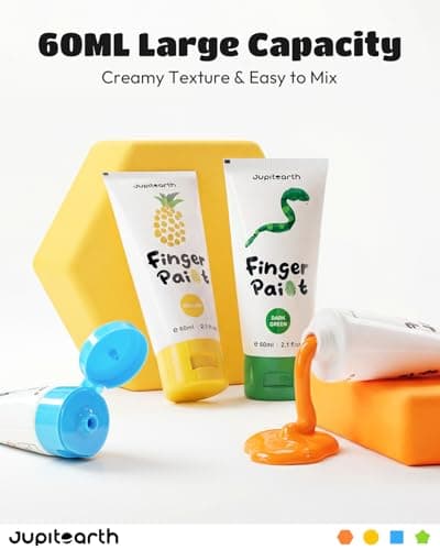 JUPITEARTH 28 PCS Finger Paint, Washable Paint for Todllers 1-3, Non-Toxic 12 Vibrant Colors (2.1fl oz/60ml ) , Palette, Apron, Brush, Eye Stickers, Baby Safe Paints for Hand and Feet, Safe Preschool Art Supplies for Kids - Thumbnail 6