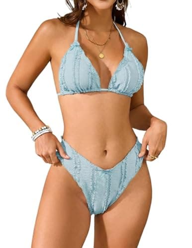 Women's Halter Triangle Bikini Ruffle Edge Bowknot High Cut V-Waist Back Tie Resort Bathing Suit Sky Blue - Image 1
