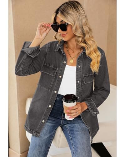 luvamia Ladies Jean Jacket Denim Shirt Women Black Jean Jacket Womens Jackets Trendy Womens Jackets Fall Casual Tops For Women Summer Oversized Denim Jacket Women Size X-Large Size 16 18 - Thumbnail 5