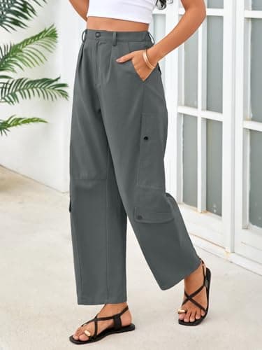 Aoysky Womens Wide Leg Barrel Pants Elastic High Waisted Casual 100% Cotton Utility Trousers with Pockets Loose Fit Grey - Thumbnail 3