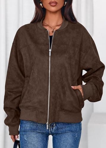 Lazysmile Women's Faux Suede Bomber Jackets Fall Fashion Outfits Winter Clothes Stand Collar Zip Up Coats Outwear - Thumbnail 5